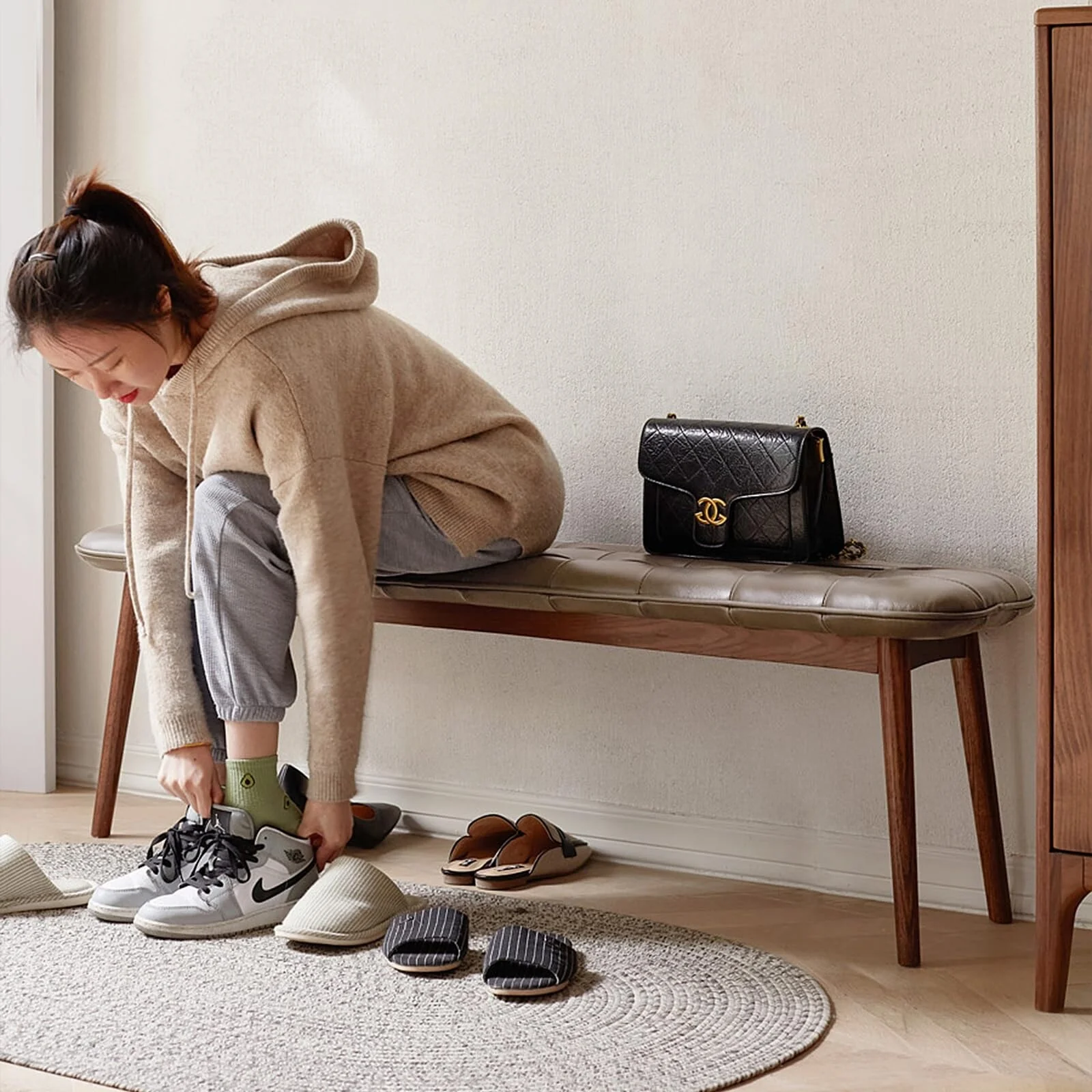 Natural Oak Wood for Dining Bench Table Bench for Living Room With Leather Cushion