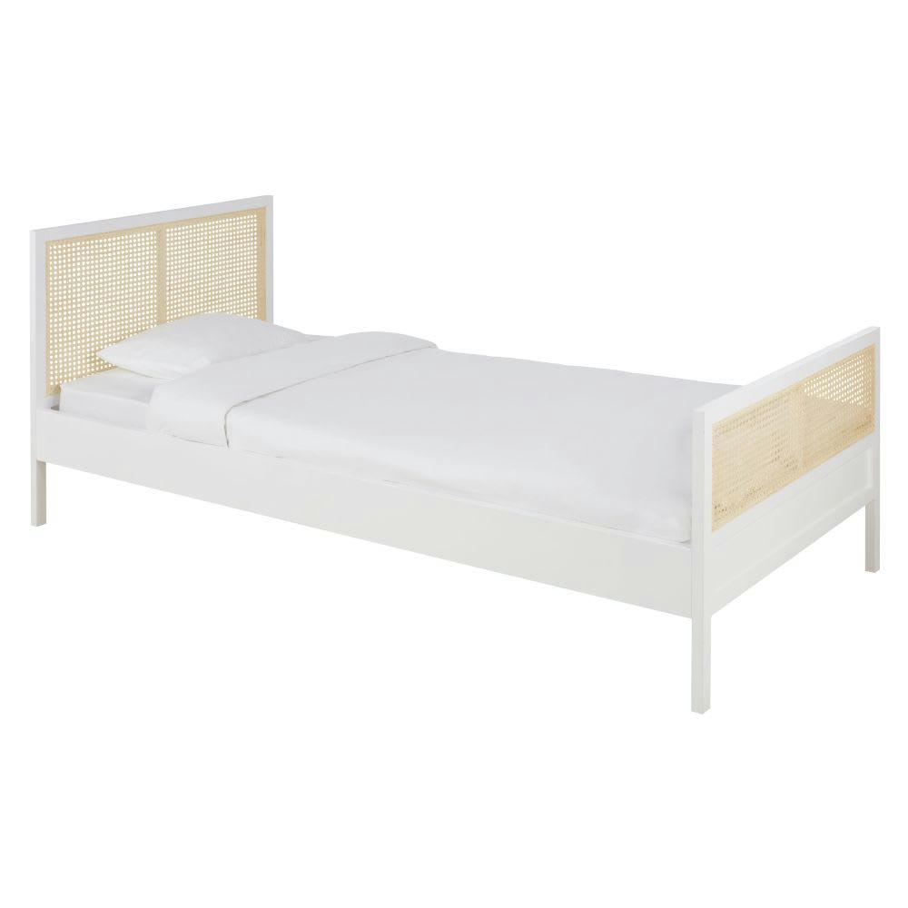 Chamarel - Lit enfant 90x200 blanc et beige avec cannage