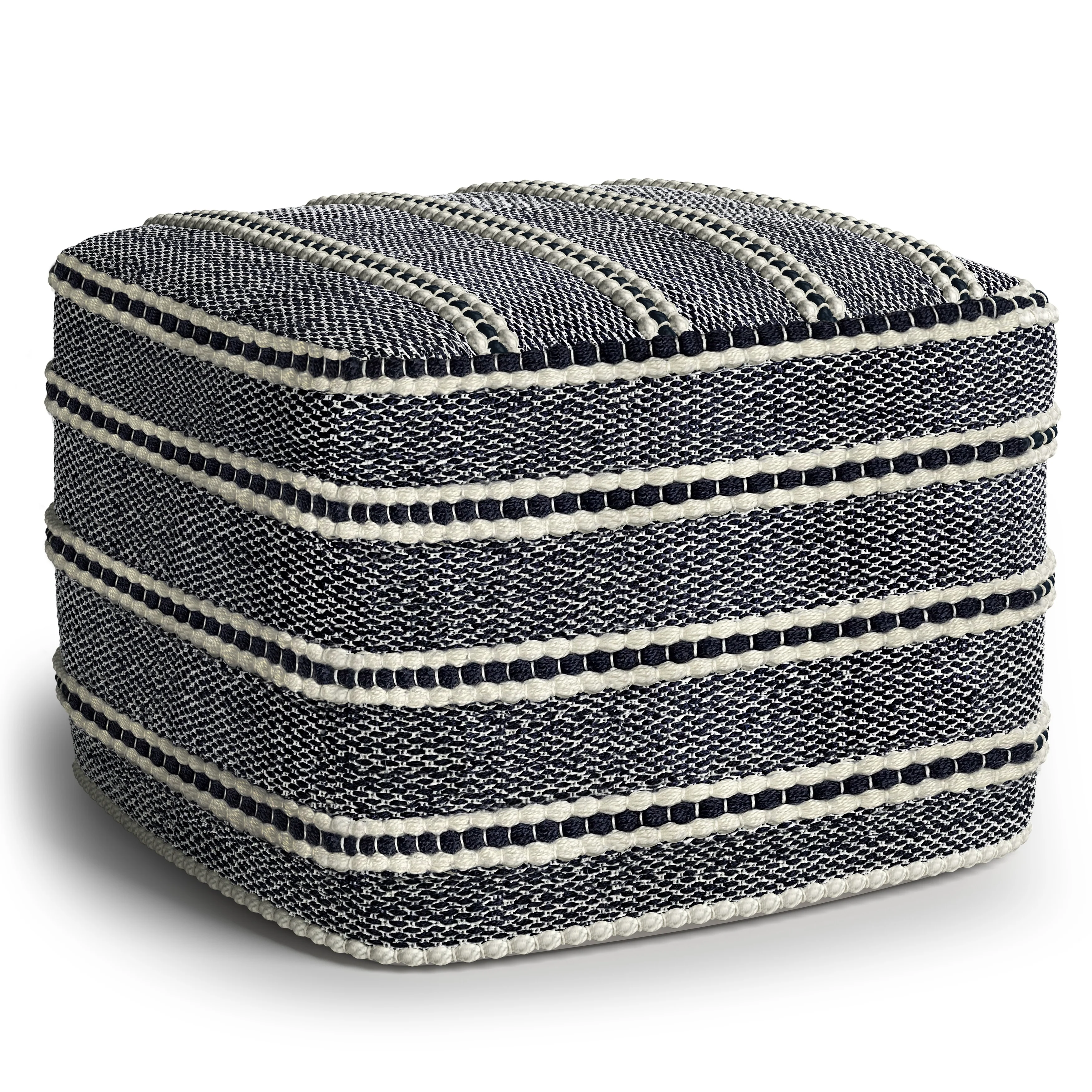 WYNDENHALL Anika Square Woven Pouf in Navy and White Recycled PET Polyester