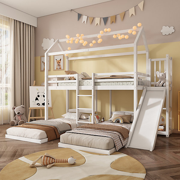 Lit superposé 3 places 90x200 cm enfant avec toboggan et échelle, style cabane avec toit, bois massif MDF blanc, sans matelas