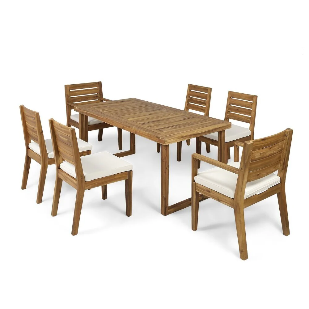 Outdoor Acacia Wood 7 Piece Dining Set with Cushions, Sandblasted Natural and Beige