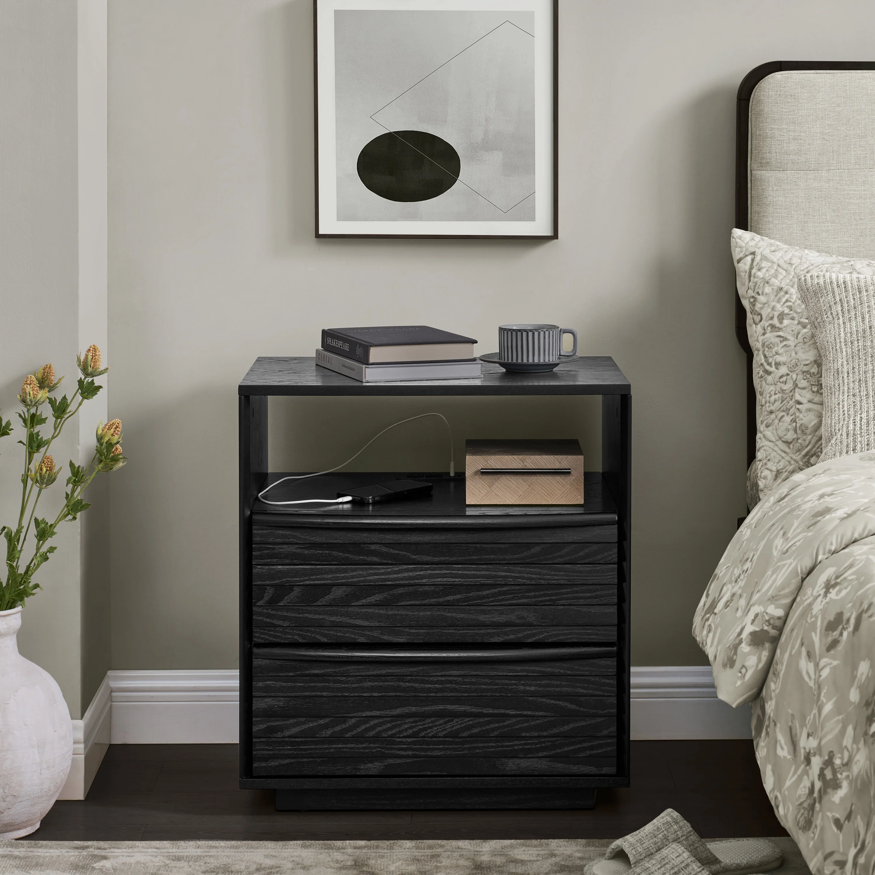 Mid-Century Modern Charging Nightstand – 2-Drawer Farmhouse End Table with Louver Design & Open Shelf .