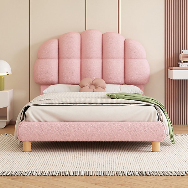 Lit simple 90x200 cm, avec tête de lit en forme de cercle guimauve, cadre en métal, lit capitonné en sherpa - Rose