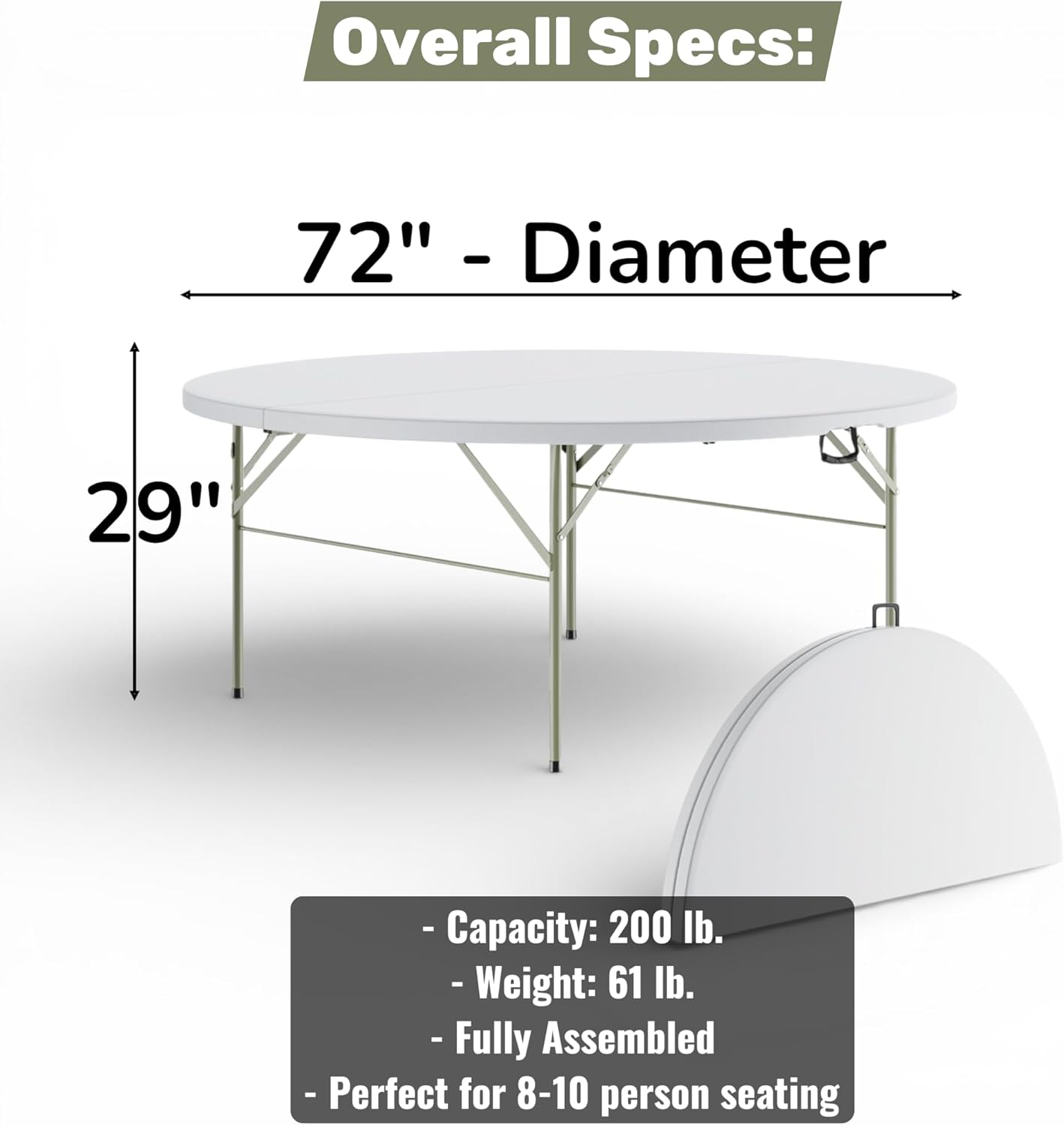 6 Ft Round Bi-Fold Folding Table with Carry Handle, 72 Bi-fold Table, Portable Plastic Table with Steel Legs for Party, Dining, Wedding, Events, Picnic, Indoor Outdoor Use