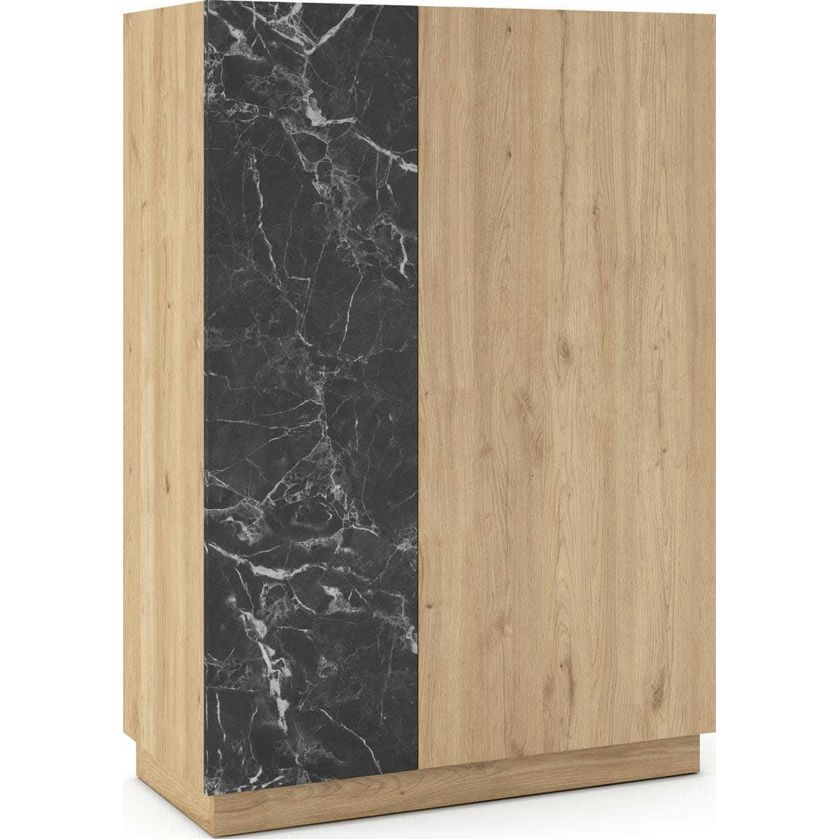 DILAN - Buffet haut 2 portes effet bois et marbre noir 90 cm