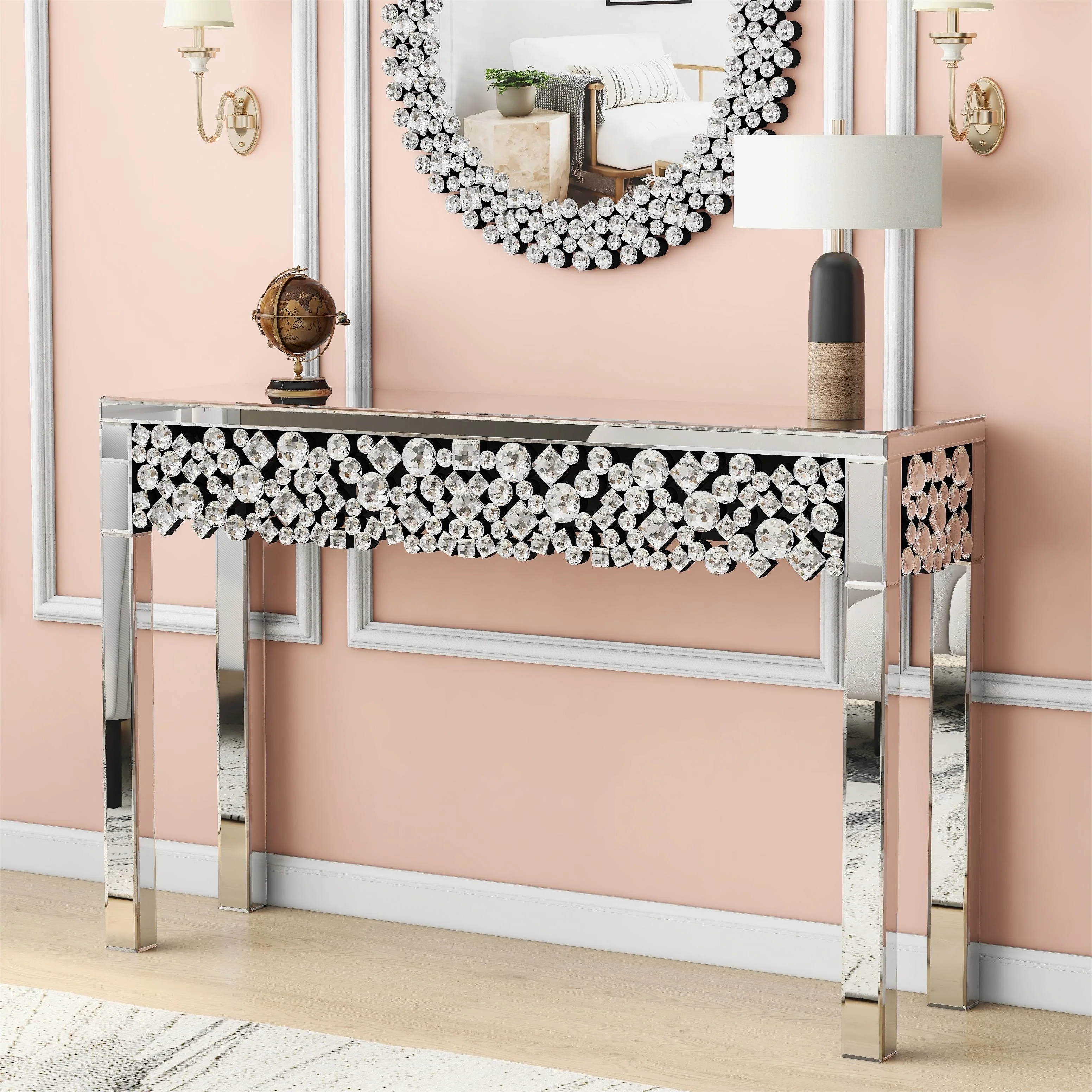 Glam Console Table Entryway Table with Crystal Frame
