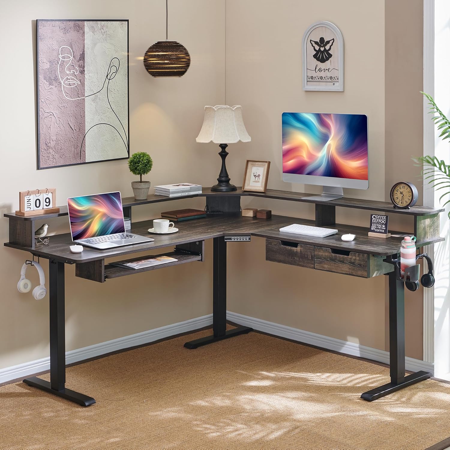 RedLemon L-Shaped Electric Standing Desk, 60 inches Motor Height Adjustable Sit Stand Corner Desk with Led, Large Home Office Desk Computer Workstation, Dark Rustic Oak