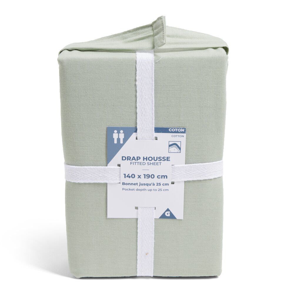 Drap housse 140x190cm 100% coton vert céladon