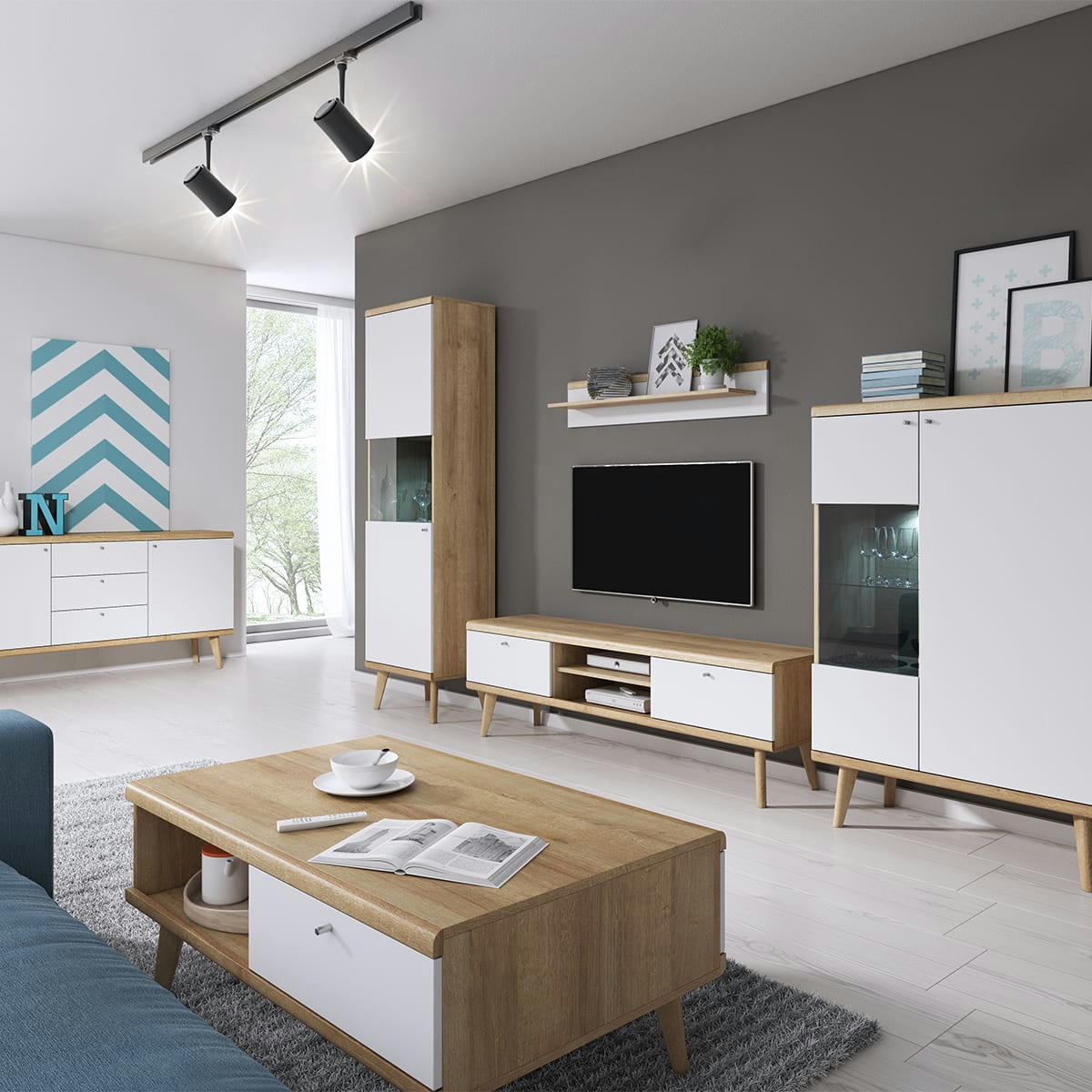 - Meuble tv 2 portes 2 niches 160 cm naturel et blanc