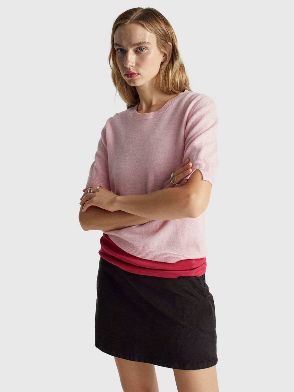 Pink short sleeve sweater in pure Merino wool