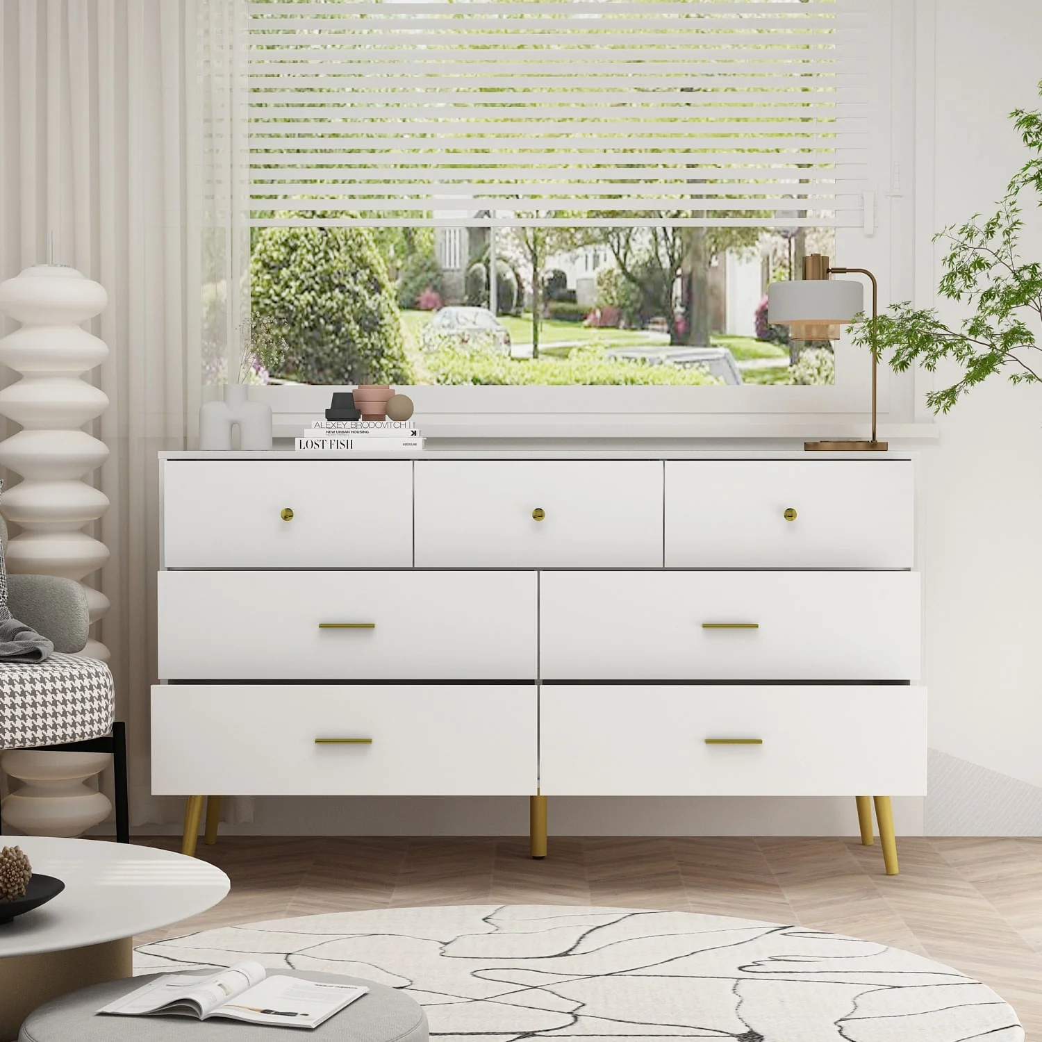 Timechee 7 Drawer 55.9'' W Dresser Chest Closet Storage White/Black