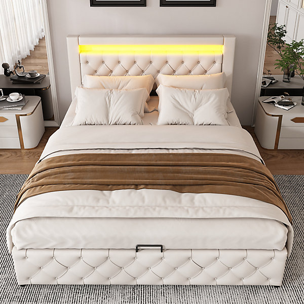 Lit Coffre 140x190 cm - Lit Capitonné avec Rangement et LED, Sommier à Lattes Inclus, Simili Cuir - sans Matelas - Blanc