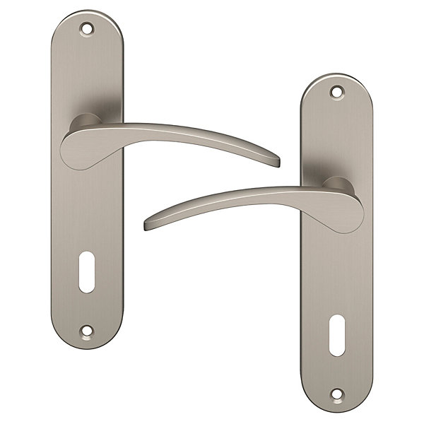 Ensemble poignée sur plaque rond serrure GoodHome Beare effet nickel satin gris L.110.5mm x l.40mm entraxe 165mm