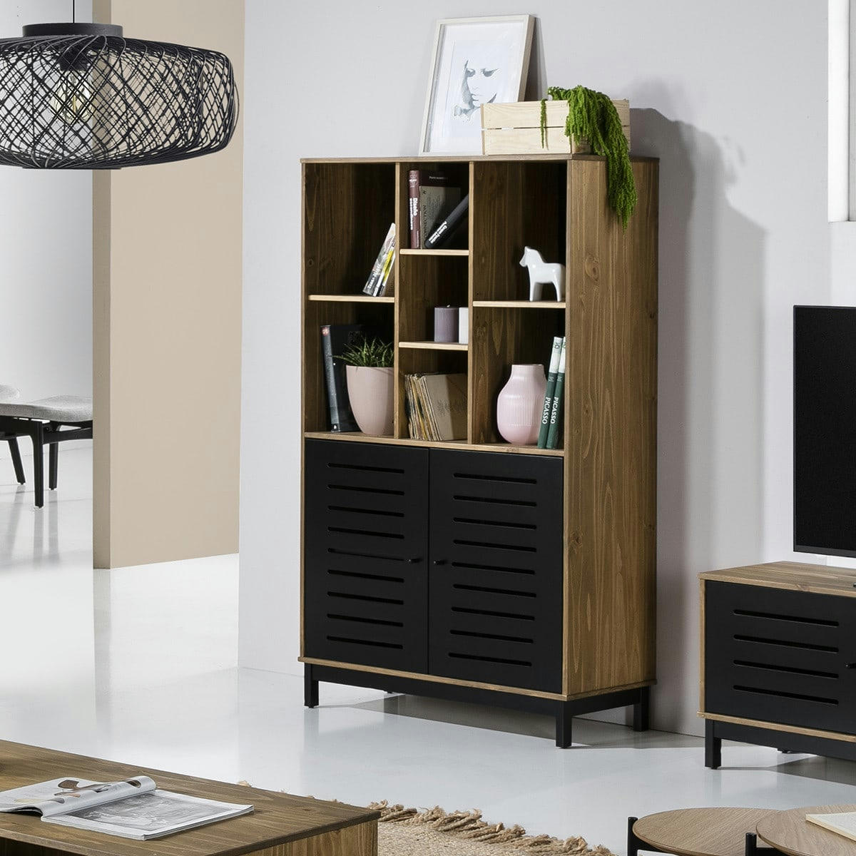 ROSA - Bibliothèque 2 portes 7 niches noir / effet bois 90 cm