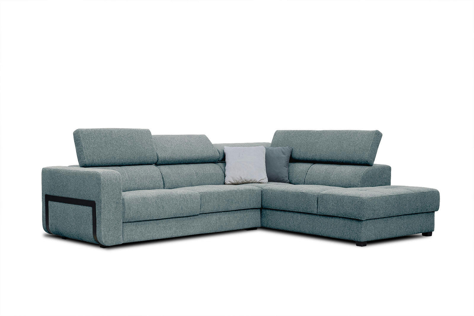 BERGO - Canapé d'angle droit 5 places en tissu bleu clair avec coussins déco