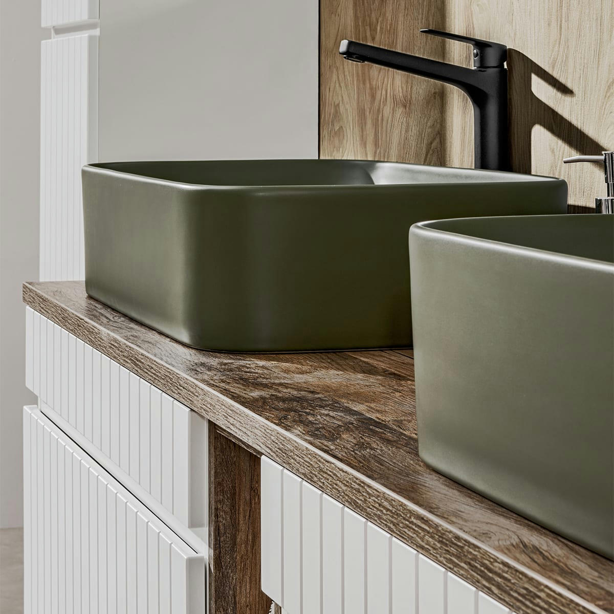 - Meuble double vasque 180cm 2 niches blanc naturel et vert