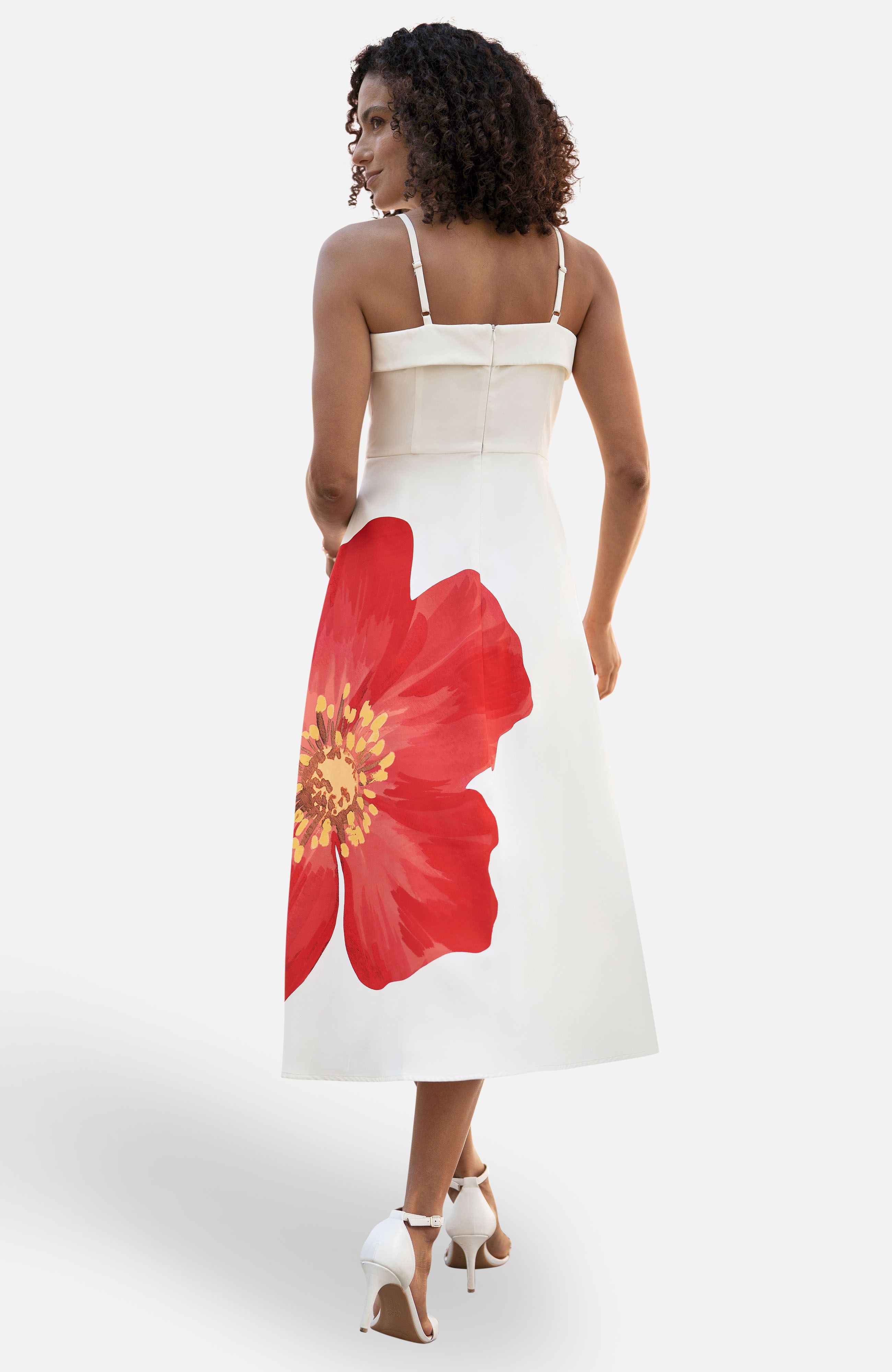 Yumi White Oversize Poppy Placement Midi Sun Dress