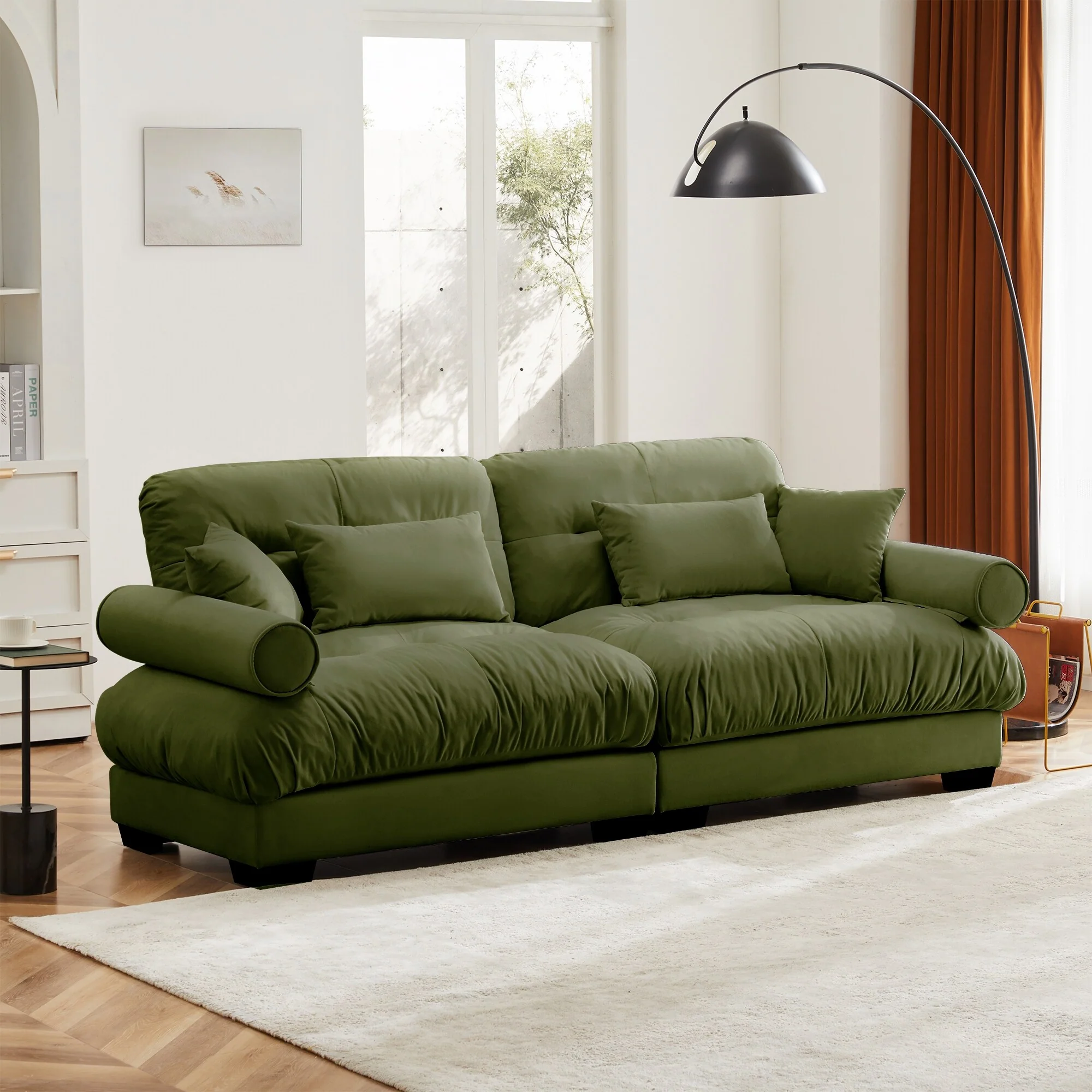Large Size Modern Two-seater Sofa with Bolstered Armrests,Velvet 2-Seater Sofa With Waist Pillows and Throw Pillows