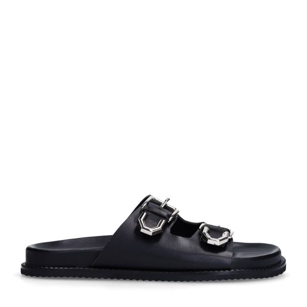 Zwarte leren slippers met buckles