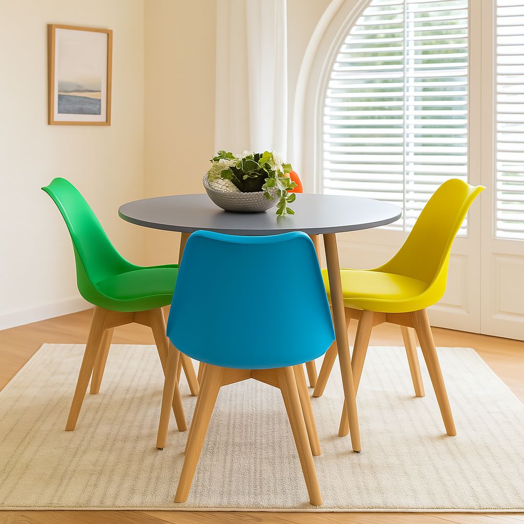 KOSY KOALA Dining Table And 4 Chairs Modern Grey Round Table With 4 Mix Plastic Chairs Dining Room Furniture