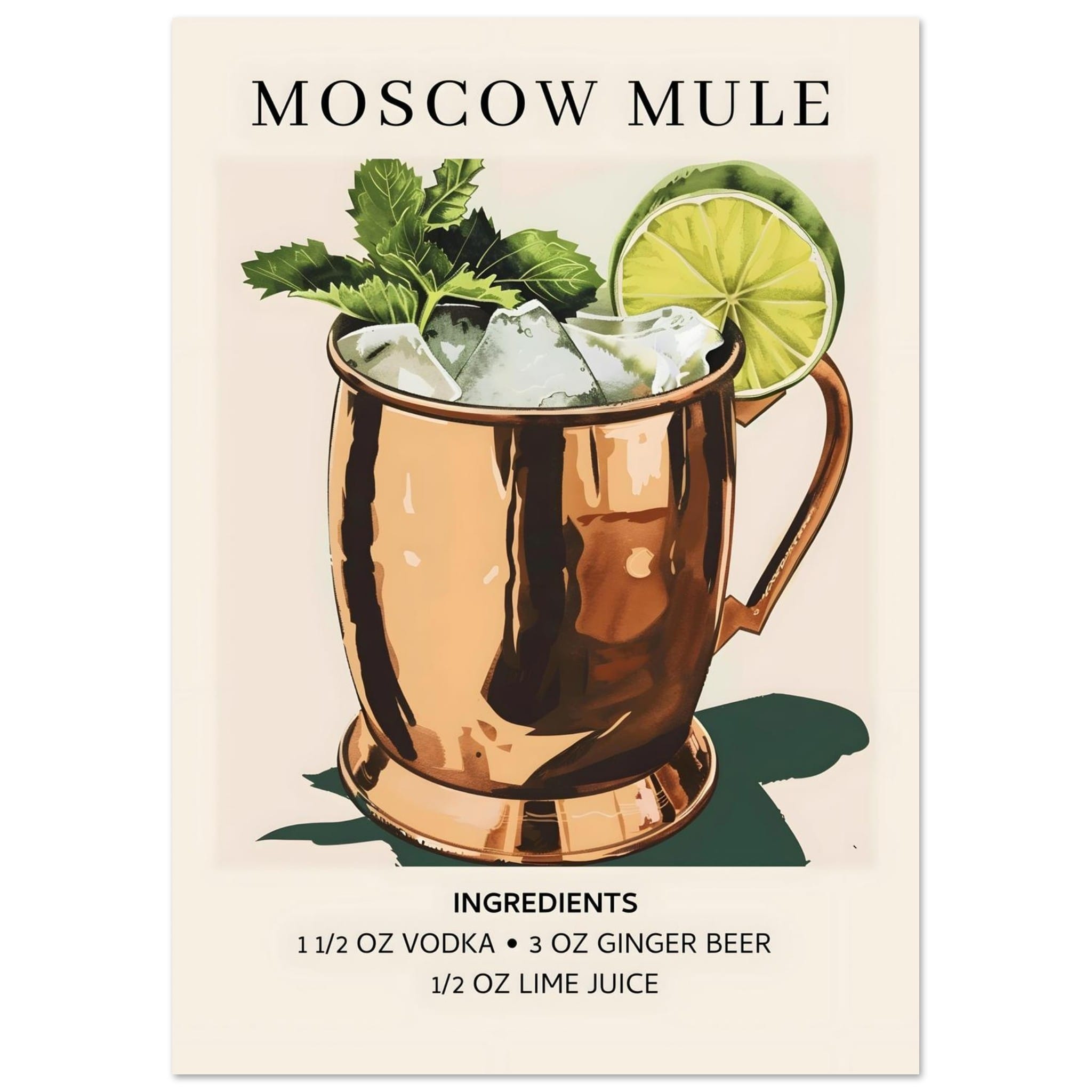 Artfulprints Poster Moscow Mule cocktail I - Ingrediënten  - A4 21x29.7 cm - Meerkleurig