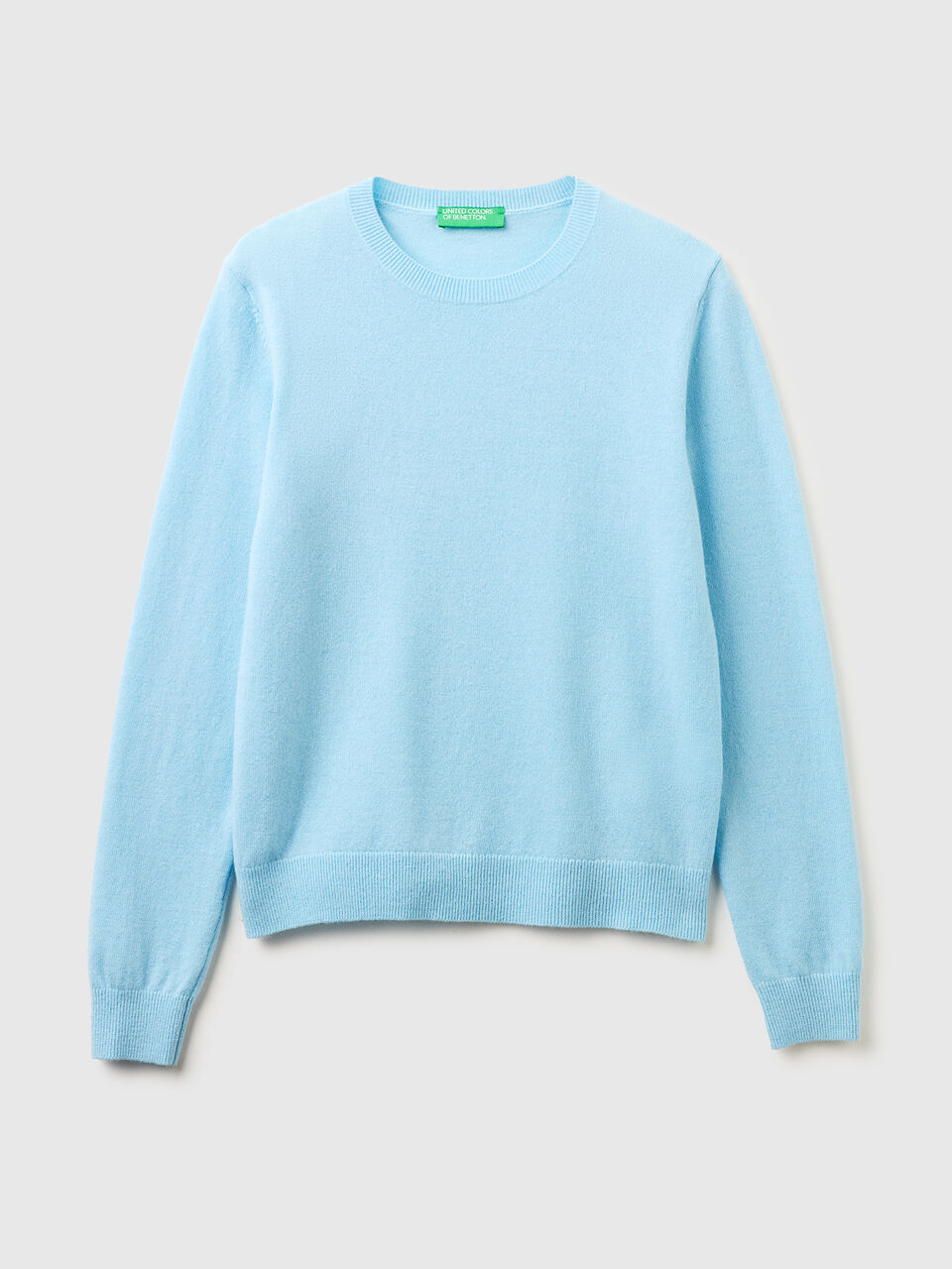 Sky blue crew neck sweater in pure Merino wool