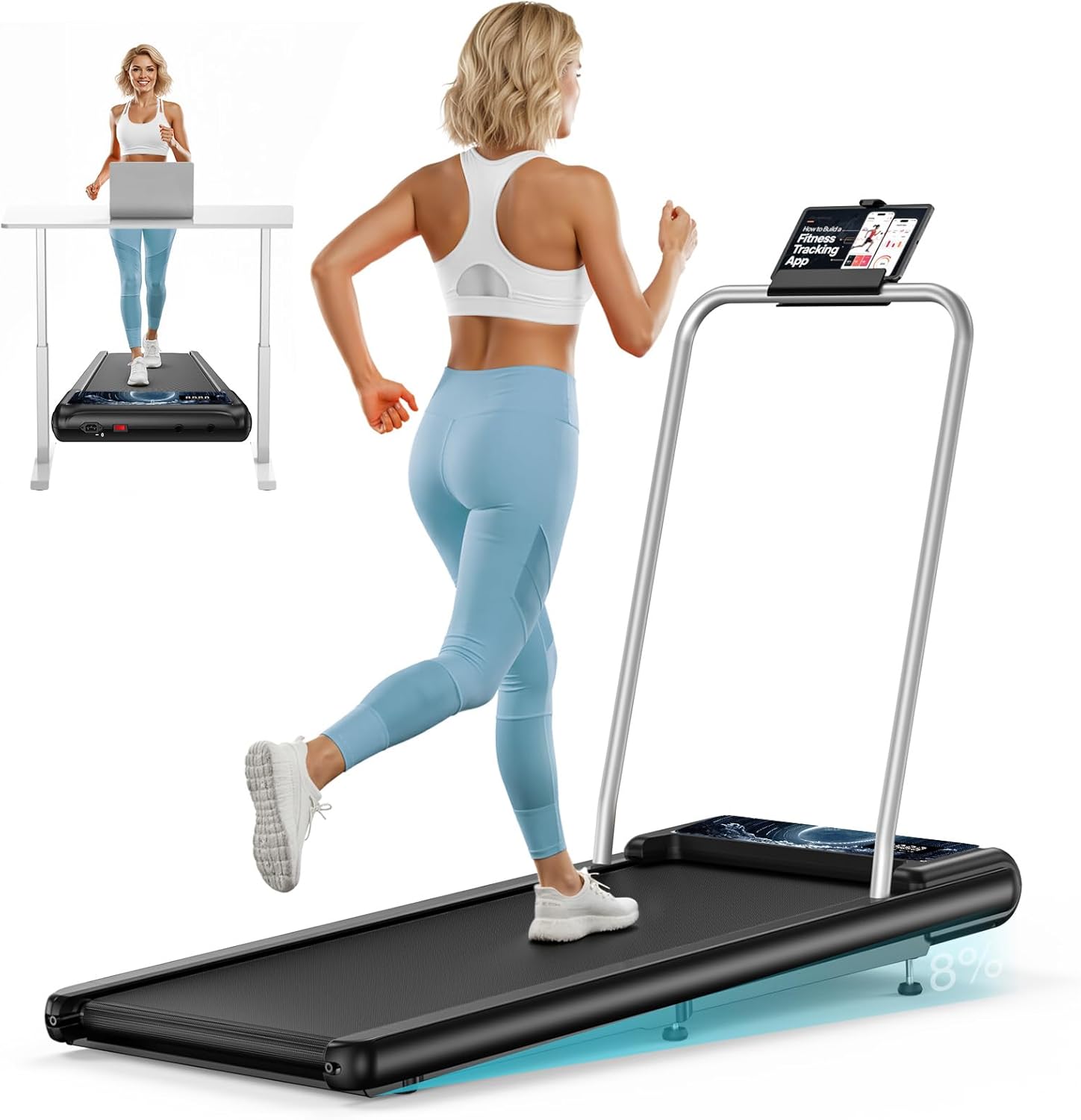 HCOIW Walking Treadmill Pad with Incline - Portable Under Desk Treadmill, Walking Mat Pad with Handle Bar, 2.5HP Low Noise, 2 in 1 Treadmills for Home Office, Remote Control with LED