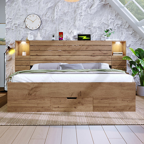 Lit Double 180x200 cm - Lit Adulte avec Rangement et éclairage LED - Port USB et Niche Lumineuse - Sans Matelas - Chêne