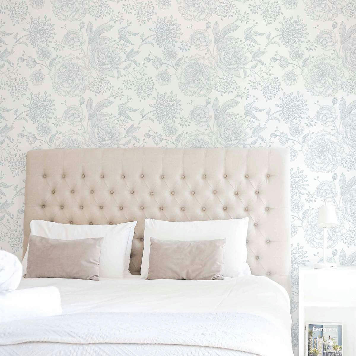 COUNTRY - Papier peint vinyle adhésif fleurs poudre bleu 50x300 cm