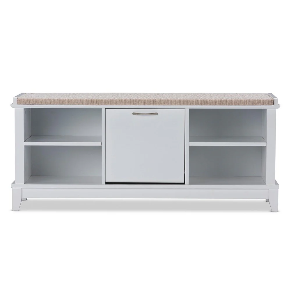 Ramos Contemporary White Solid Wood Shoe Storage Bench With Beige Cotton Fabric Upholstered Seat Cushions With Foam Padding