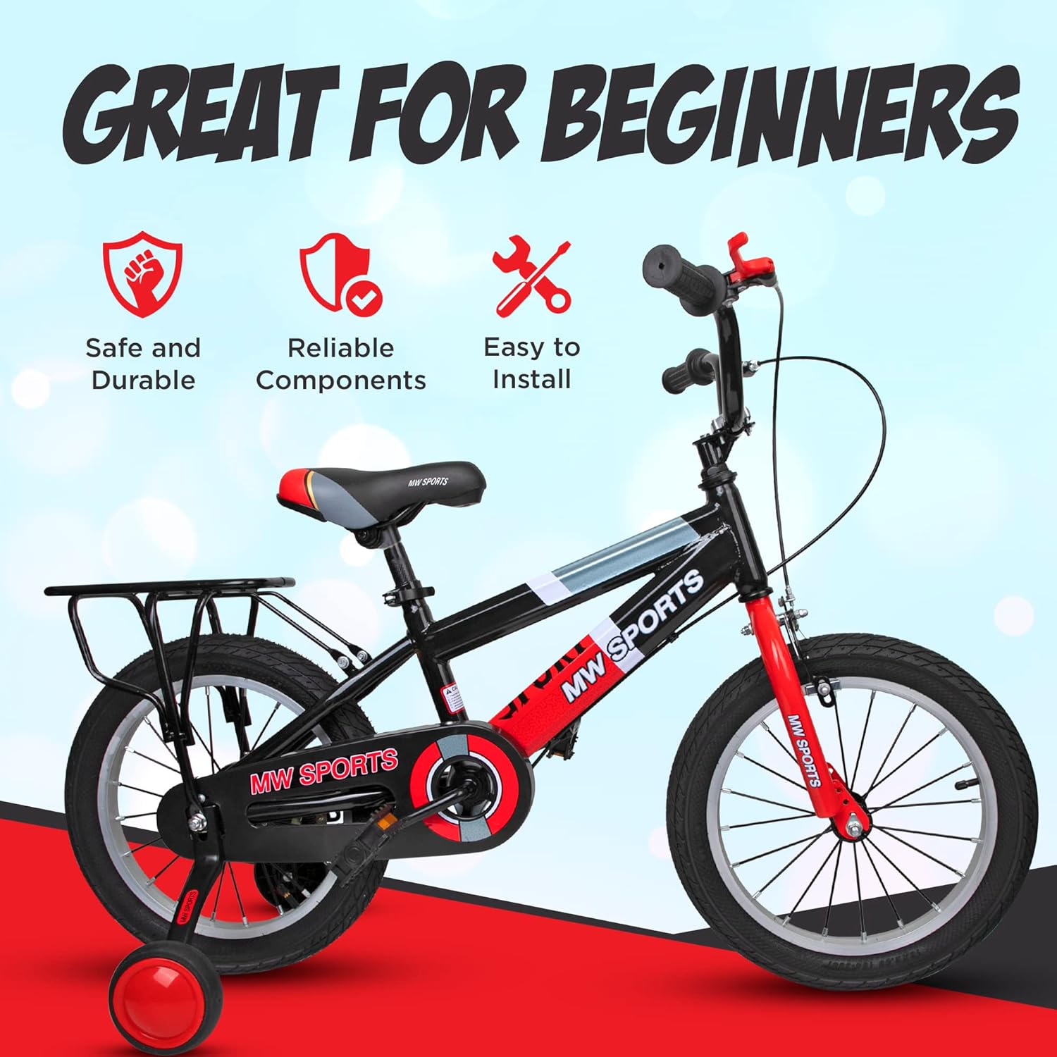 MW Sports 16 inch Kids Bike with Removable Training Wheels, Hand Brakes and Back Relay Rack for Ages 4-6 Years.