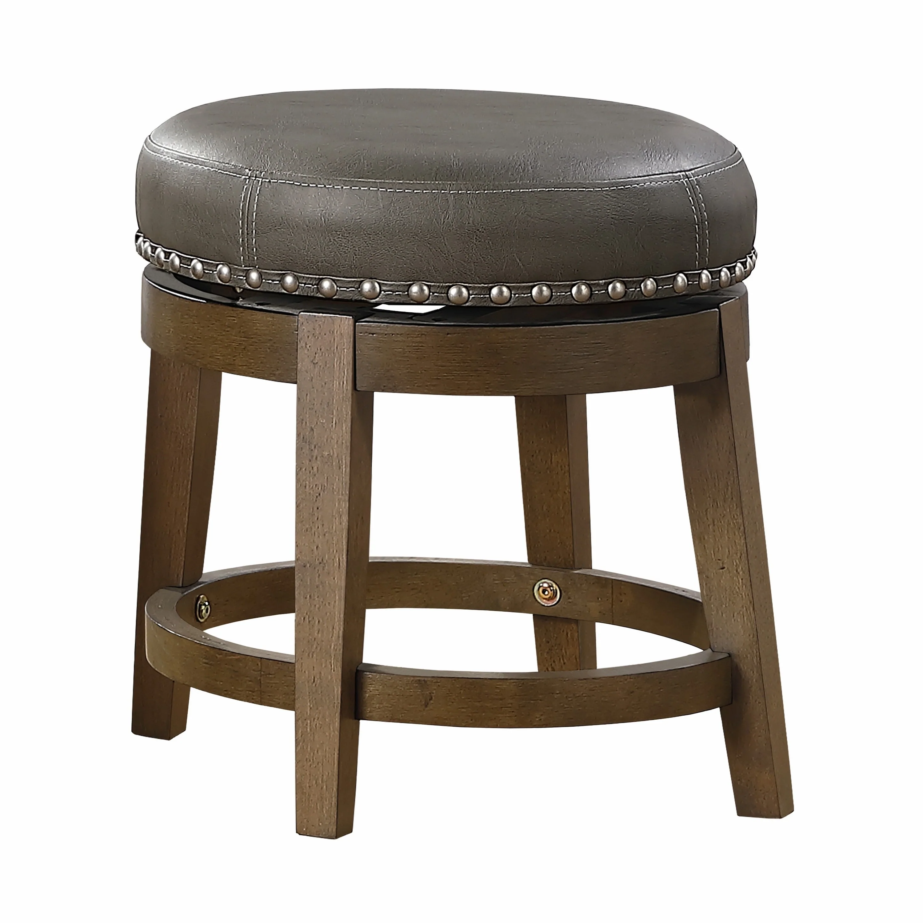 Bara 20 Inch Swivel Dining Stool, Gray Round Faux Leather, Set of 2, Brown