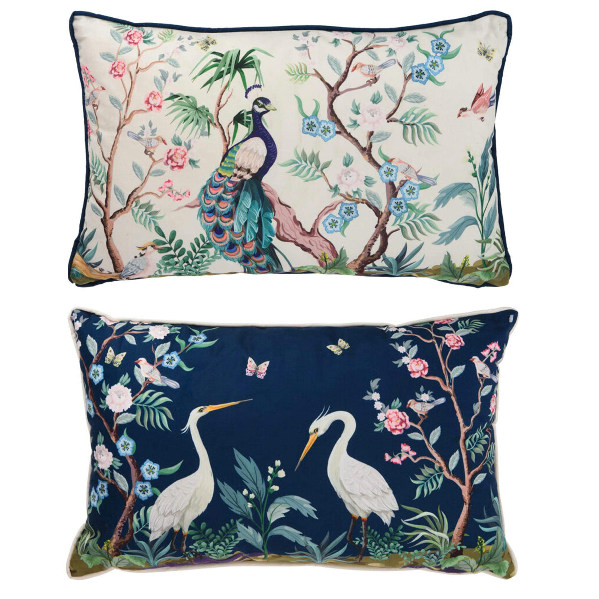 - Set de 2 coussins multicolores fleurs et oiseaux 30x50cm