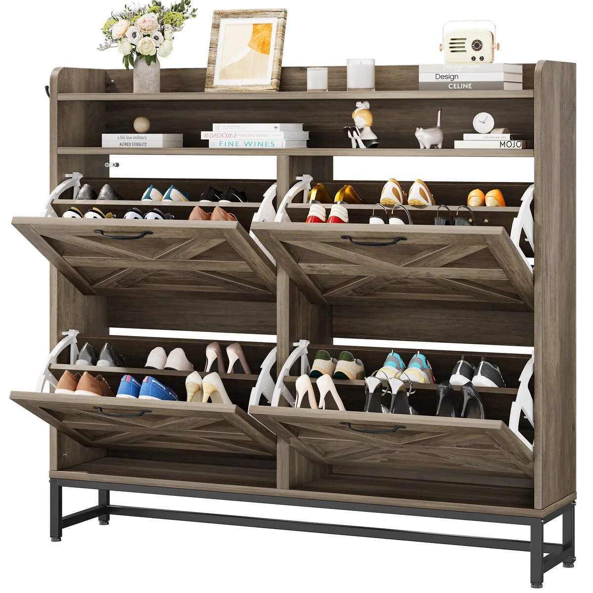 Moasis Farmhouse Flip Shoe Cabinet Shoe Storage Cabinet with 4 Flip Doors Adjustable Shelf - 47.2L x 8.8W x 43.3H