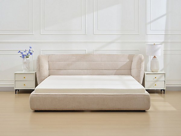 Lit 140 x 200 cm avec tête de lit incurvée - Tissu bouclette - Beige - LARUMO de Maison Céphy