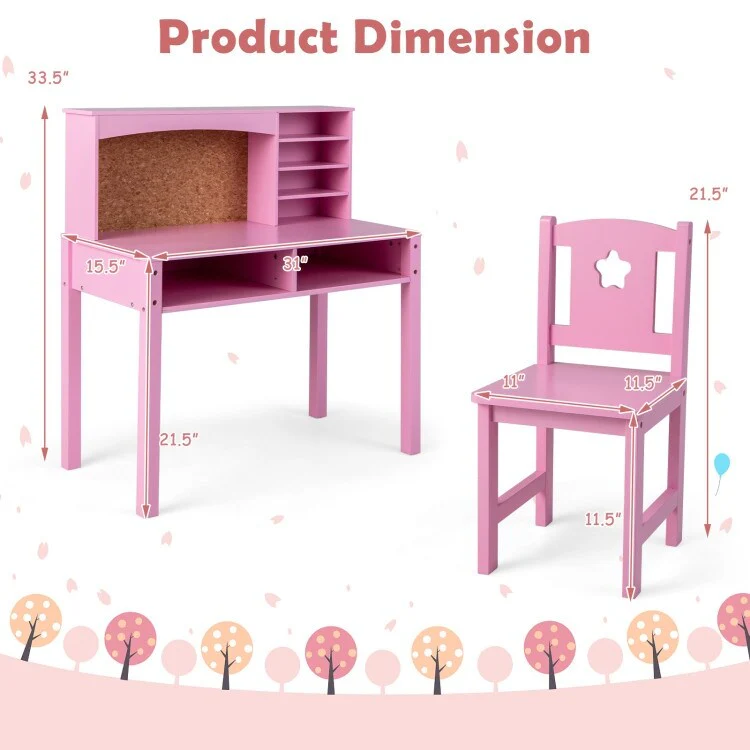 Kids Desk and Chair Set with Hutch and Bulletin Board for 3+ Kids - 31 x 15.5 x 33.5 (L x W x H)