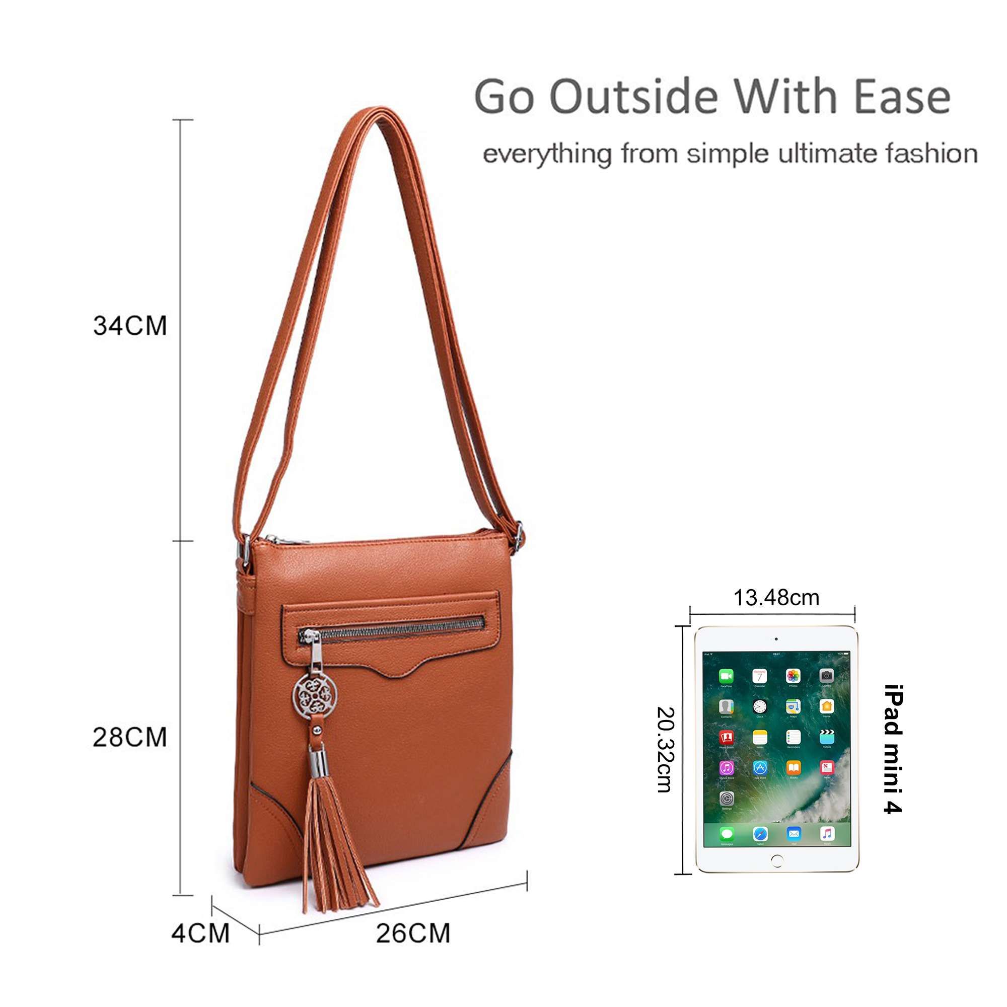 Kitise Slim Faux Leather Double Section Crossbody Bag Tassel Charm