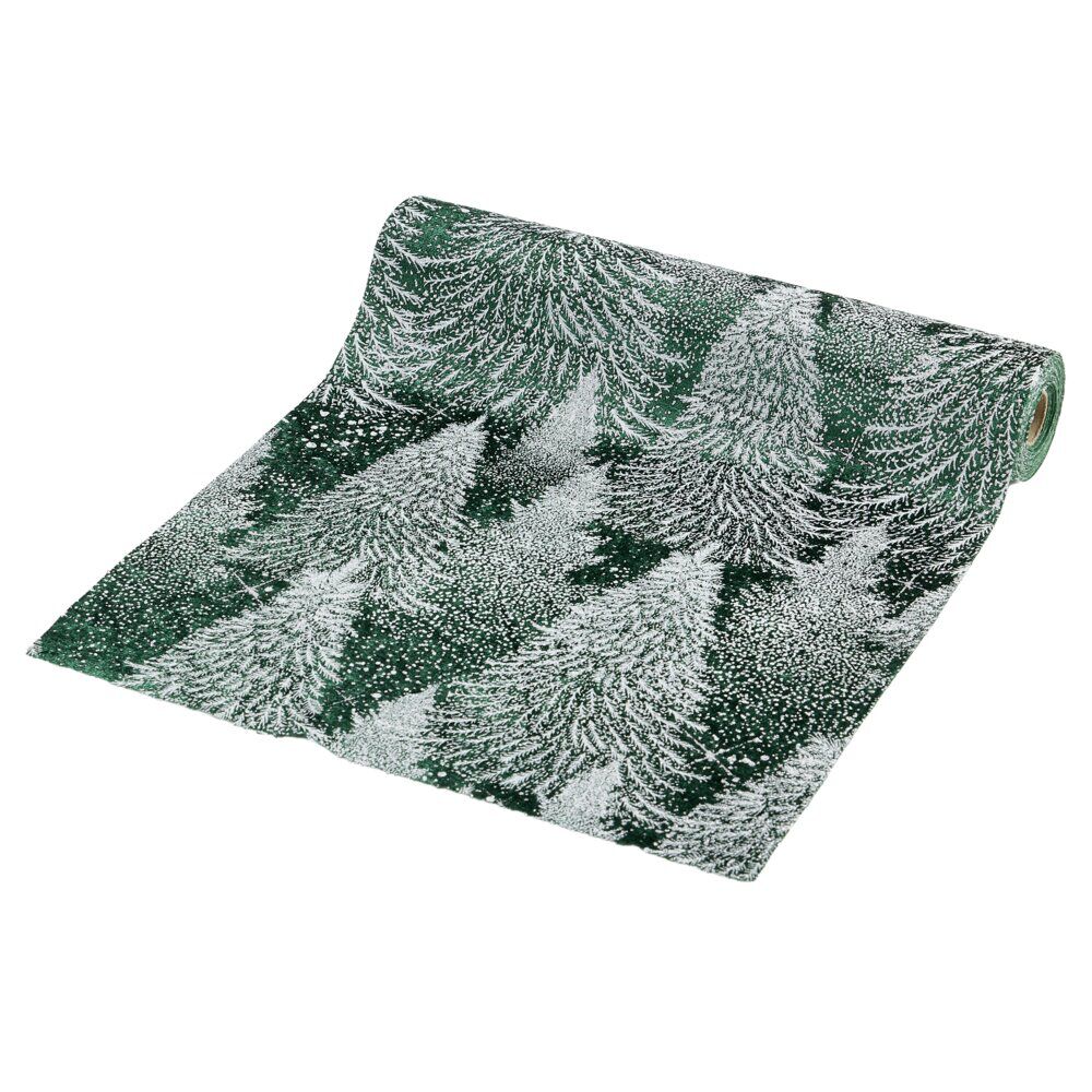 Chemin de table imitation velours imprimé sapins polyester L300X28X0,15 cm vert