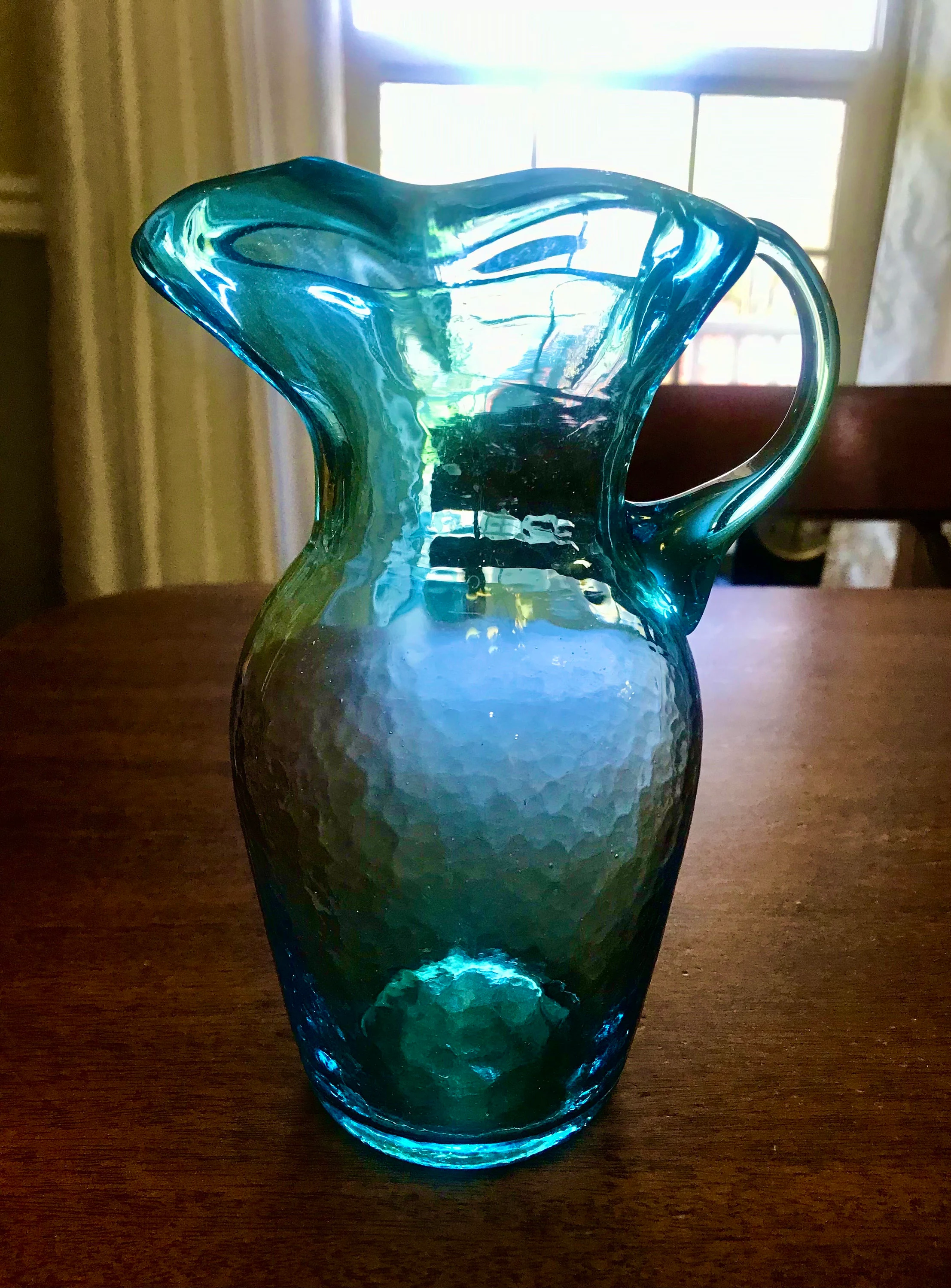 Vintage Blue Glass Small Pitcher 7.5in Tall Turquoise Ewer