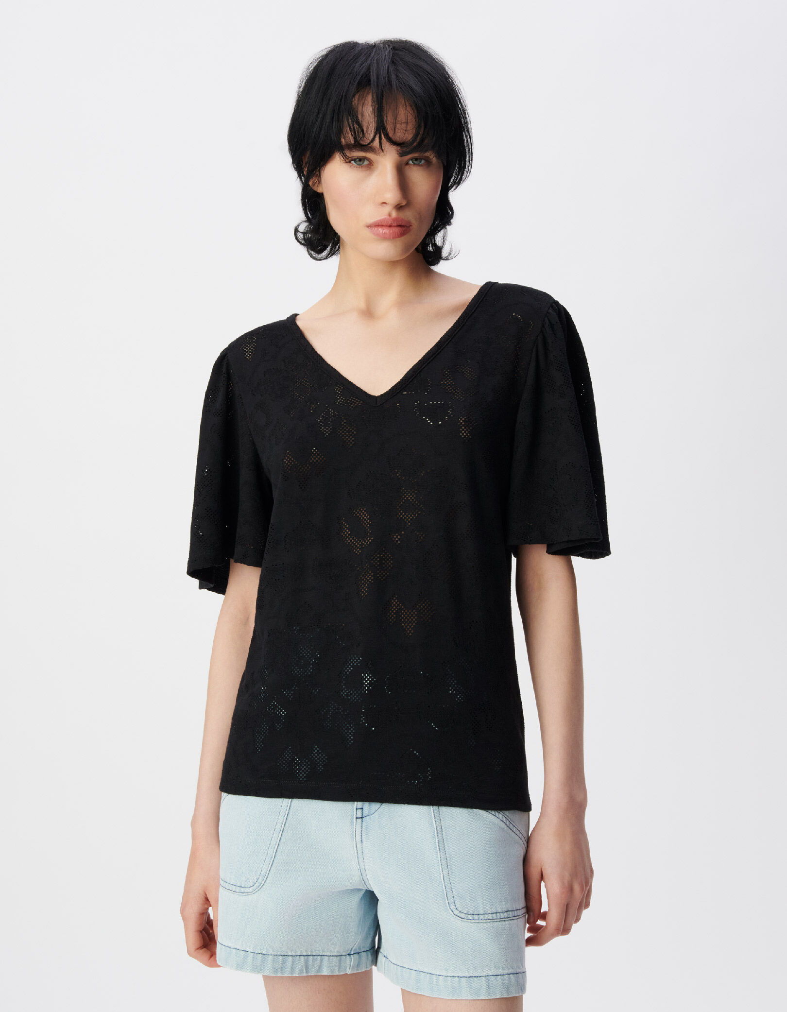 Tee-shirt manches courtes noir ajouré Femme