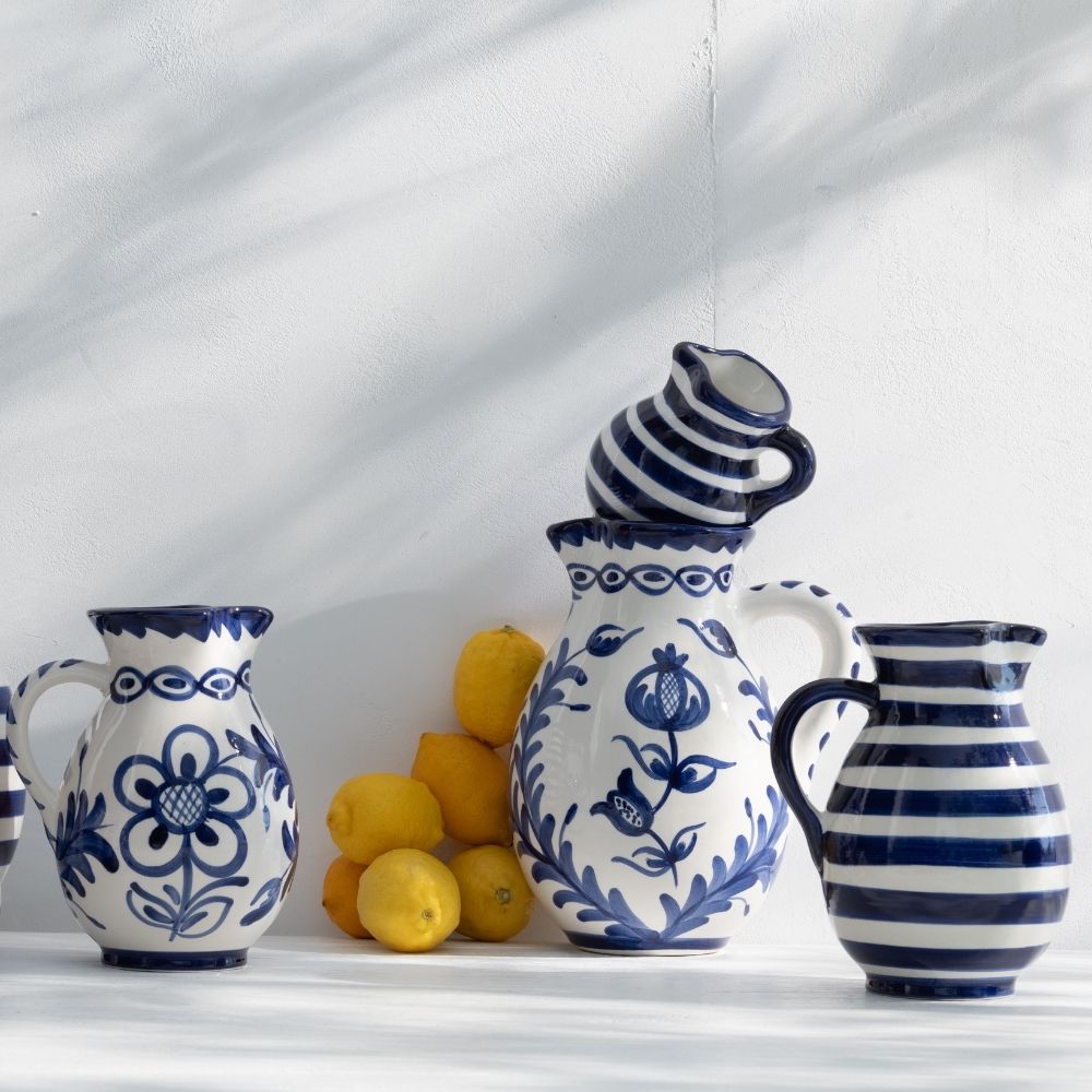 J-Line kruik Granada Stripes - keramiek - wit/blauw - small