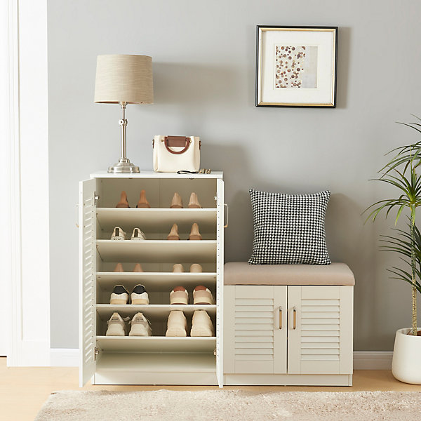 Meuble à chaussures Loeten avec banquette 97 x 120 x 36 cm blanc en.casa