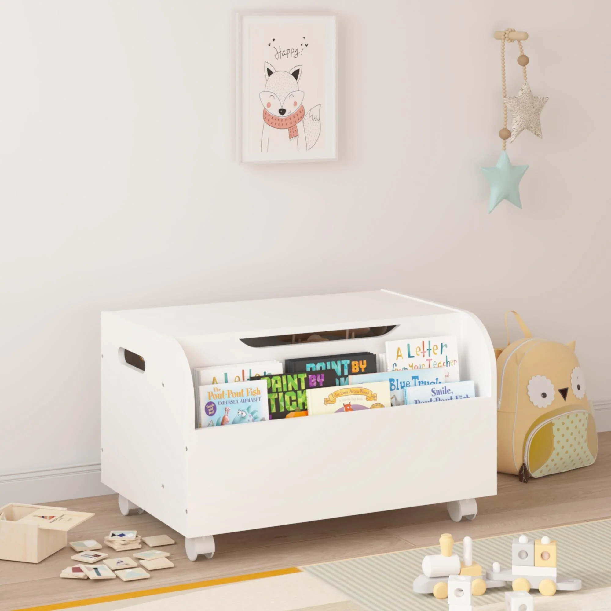 Wooden Toy Box with 4 Universal Wheels, Kids Toy Storage Organizer with Front Bookshelf, Flip-Top Lid