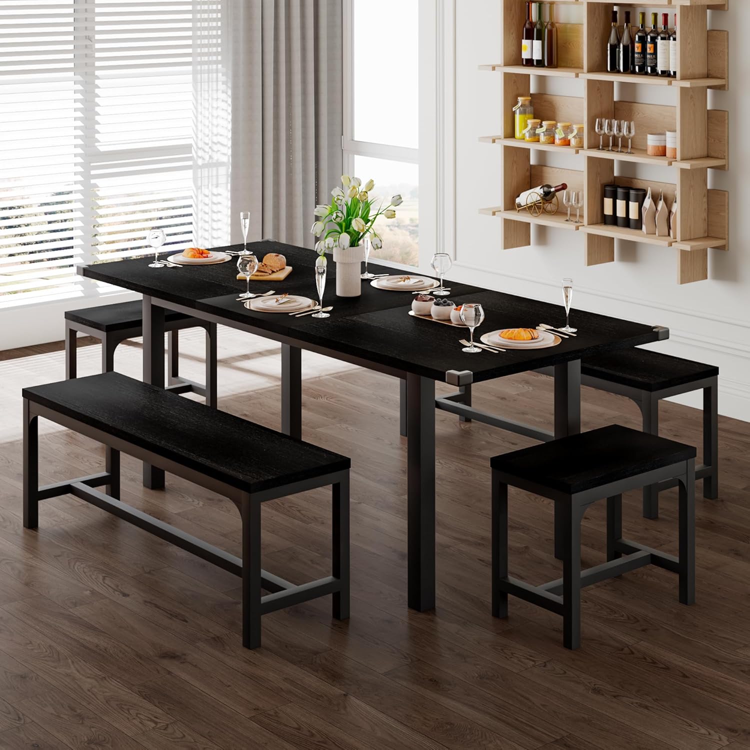 Feonase 5-Piece Dining Table Set for 4-8 People, 63 Large Extendable Kitchen Table Set with 2 Benches and 2 Square Stools, Dining Room Table with MDF Wood Board, Easy Assembly, Black