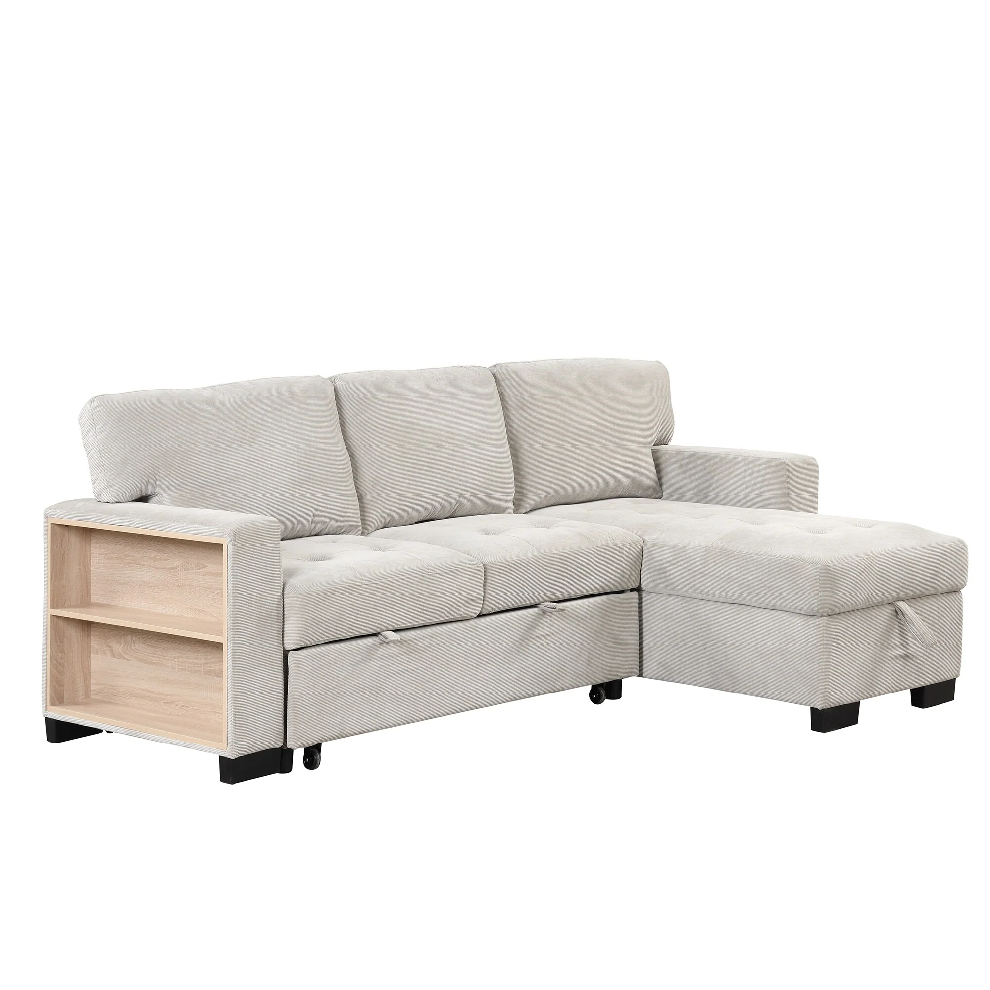 85.2'' Multi-Functional 3-Seater Sectional Sofa with Chaise, Pull-Out Bed, Drop-Down Table, USB Charger, and Storage
