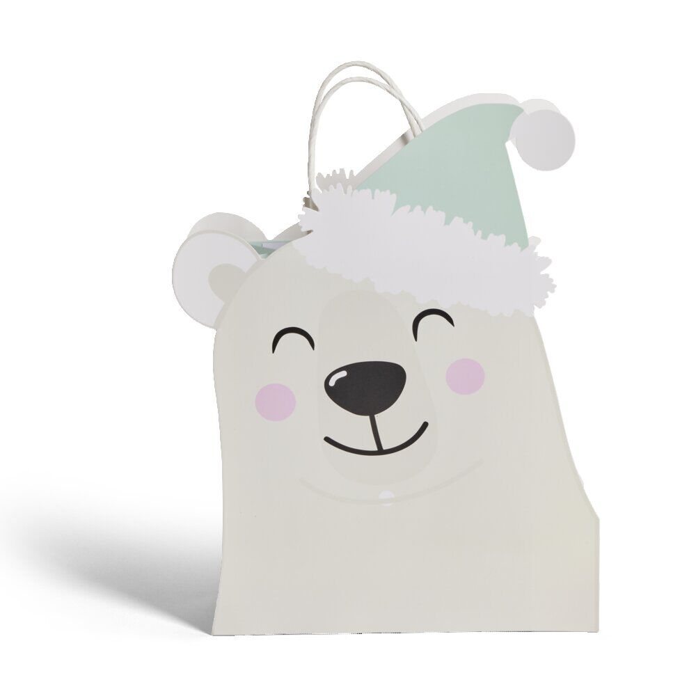 Sac cadeau No&euml;l en papier forme tête ours blanc 25,5xH31,5cm