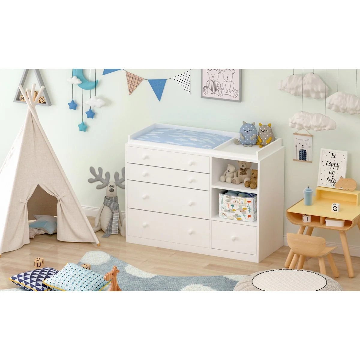 Kerrogee 5-Drawer Dresser with Baby Changing Table - White