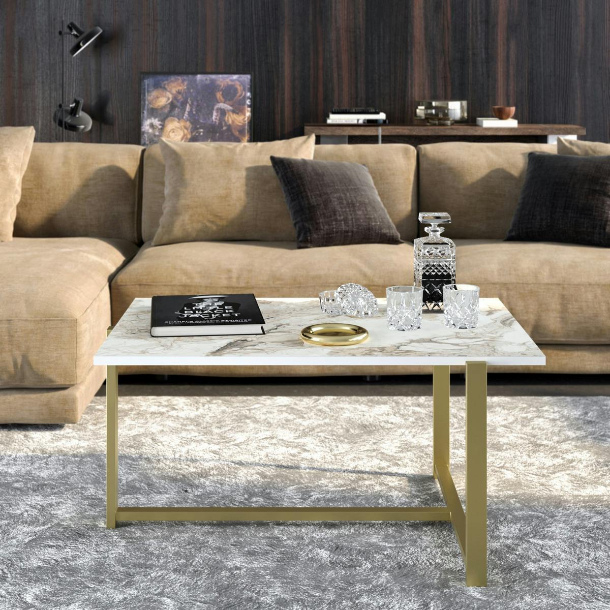 Table basse rectangulaire effet marbre pied en T doré MARFA