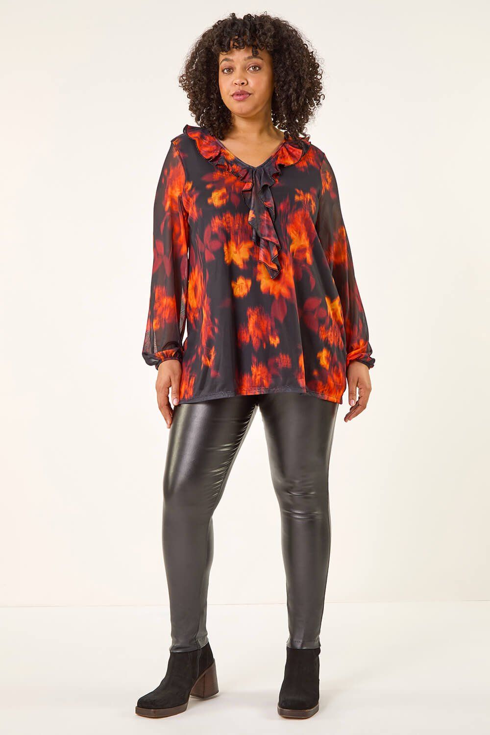 Roman Curve Ruffle Mesh Tunic Top