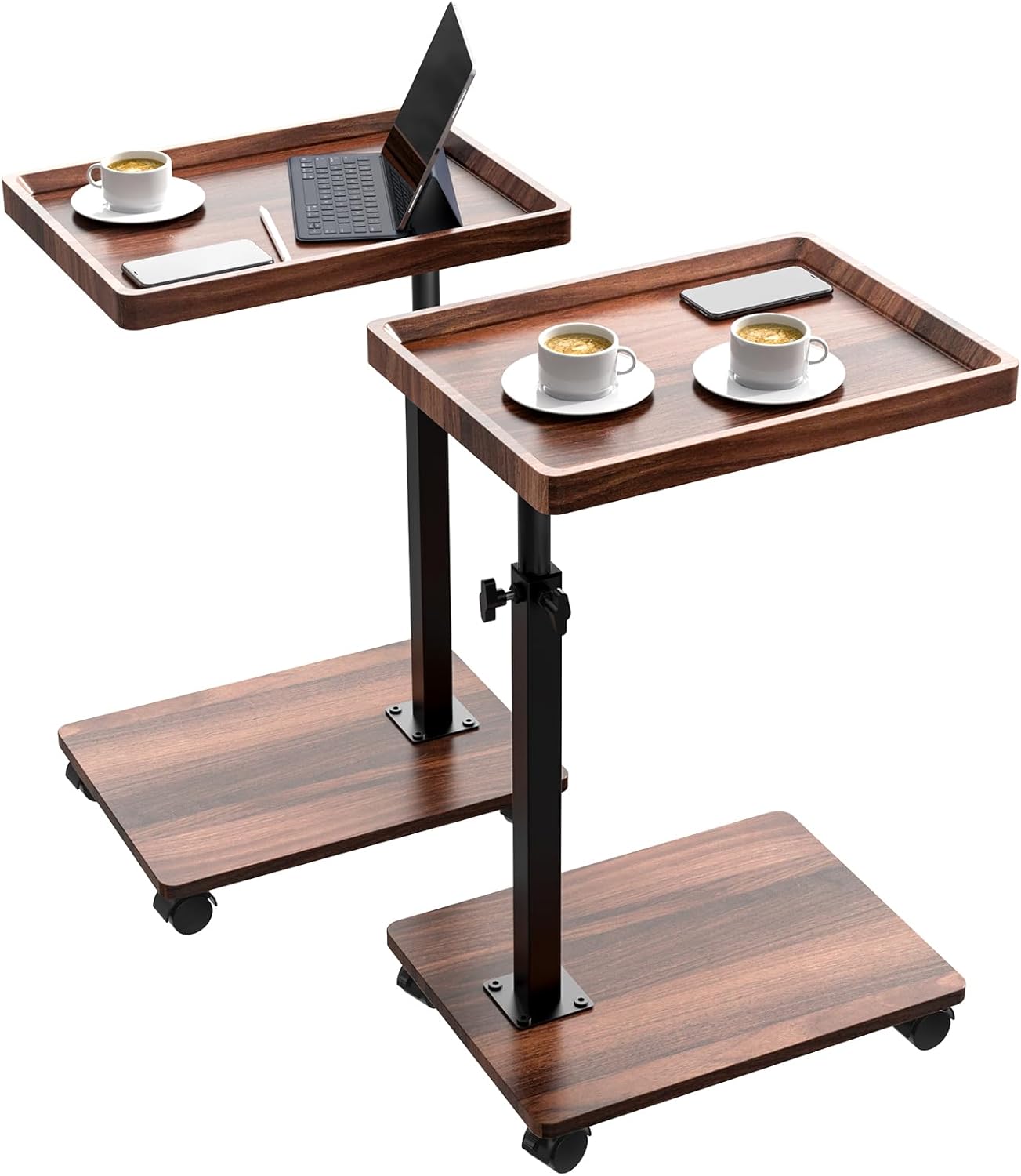 C Table End Table Adjustable Height, 360°Swivel TV Tray Table for Small Spaces, Couch Tables That slide under, C Shaped Side Tables living room and bedroom for Sofa, Bed,Chair, Snack (2, Walnut Brown)
